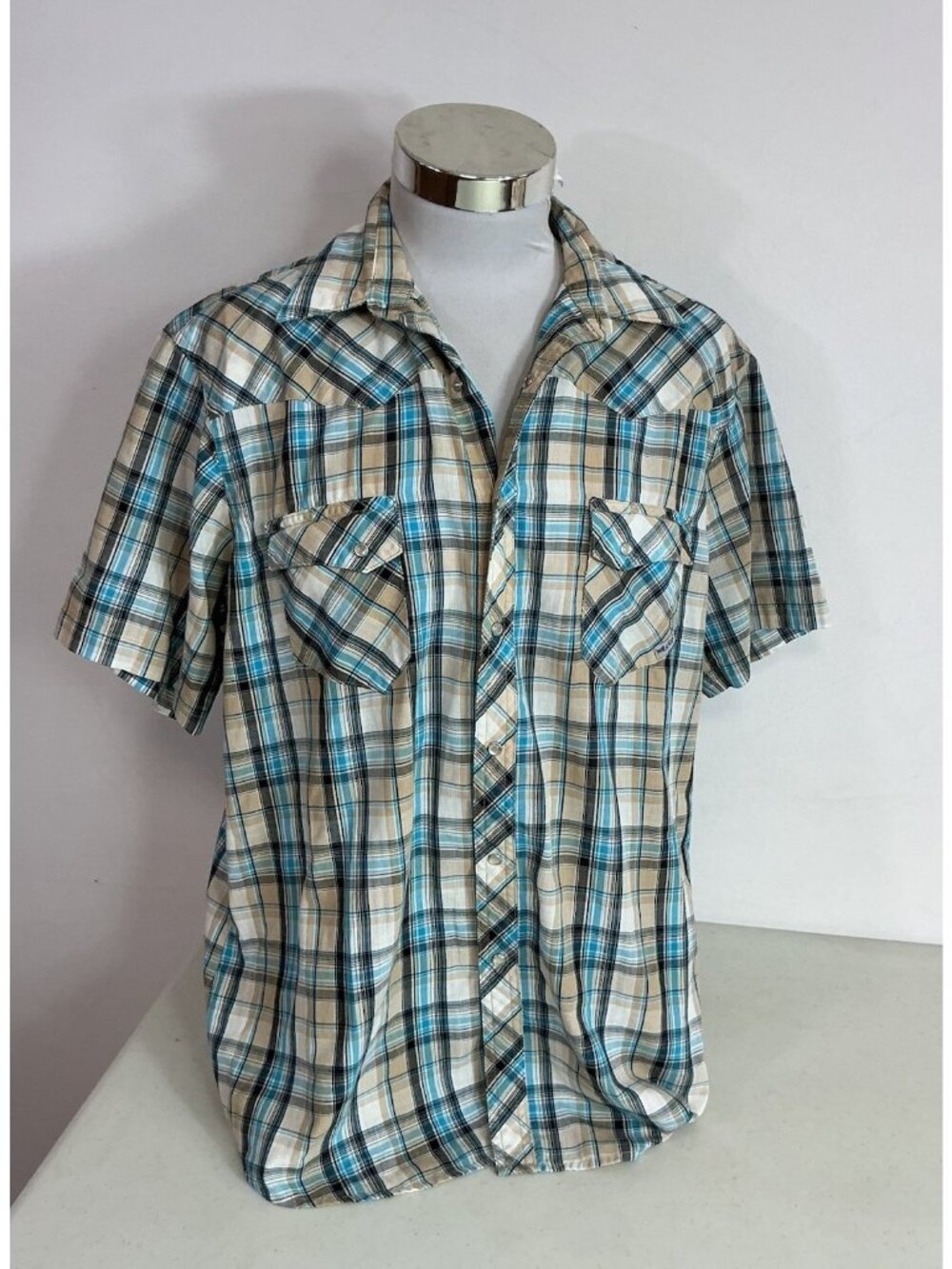 Wrangler Vintage Blue Plaid Western Shirt Pearl Snap Button Mens Large